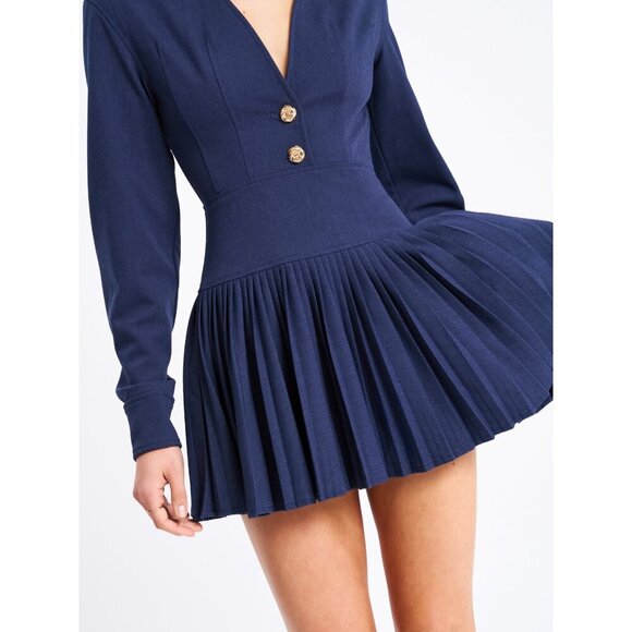 Val Navy Blue Denim Style Pleated Mini Dress - Picture 10 of 16